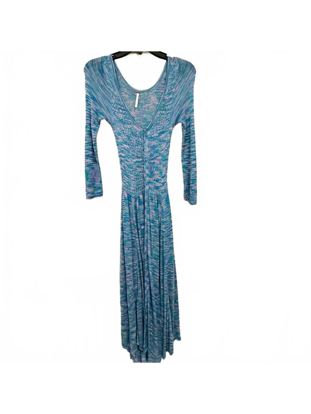 Free People Blue Green Space Dyed Henley Midi Long Sweater Cardigan- Size XS - Picture 3 of 7